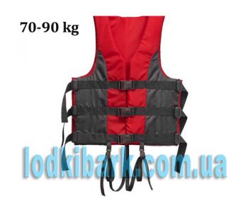 Спасательный жилет рассчитан на вес 70-90 кг в сигнальной красно-черной расцветке