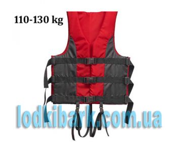 Спасательный жилет рассчитан на вес 110-130 кг в сигнальной красно-черной расцветке